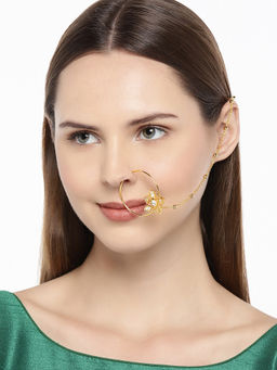 Accessher - Gold-Plated Handcrafted Kundan Stone-Studded Chained Nose Ring