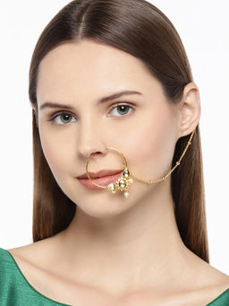 Accessher - Gold-Plated Handcrafted Kundan Stone-Studded Chained Nose Ring