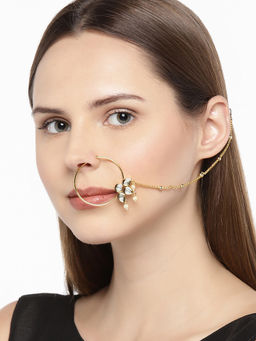 Accessher - Gold-Plated Handcrafted Kundan Stone-Studded Chained Nose Ring