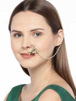 Accessher - Gold-Plated Handcrafted Kundan Stone-Studded Chained Nose Ring