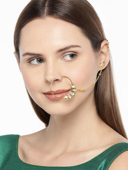 Accessher - Gold-Plated Handcrafted Kundan Stone-Studded Chained Nose Ring