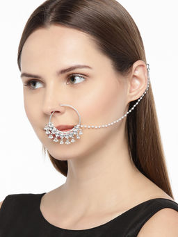 Accessher - Silver-Toned Handcrafted Jadau Pachi Kundan Nose Ring With Chain