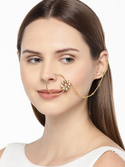 Accessher - Gold-Plated Handcrafted Kundan Stone-Studded Chained Nose Ring