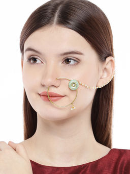 Accessher - Gold-Plated Embellished Nose Ring with Chain