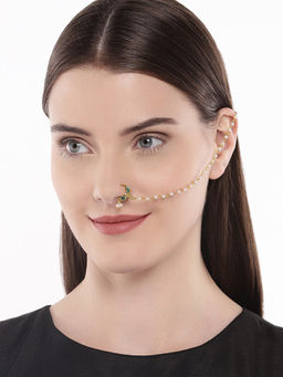 Accessher - Gold-Plated and Green Vilandi Kundan Stone and Pearl-Studded Chained Nose Ring