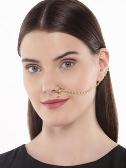 Accessher - Gold-Plated Vilandi Kundan Stone and Pearl-Studded Chained Nose Ring