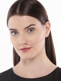 Accessher - Gold-Plated and Pink Vilandi Kundan Stone and Pearl-Studded Chained Nose Ring