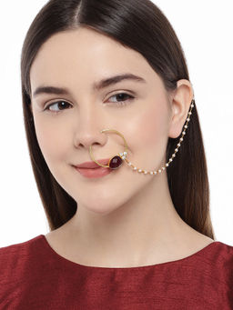 Accessher - Gold-Toned & Maroon Nose Ring With Chain