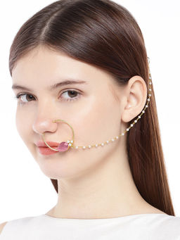 Accessher - Gold-Toned & Pink Stone Nose Ring With Chain