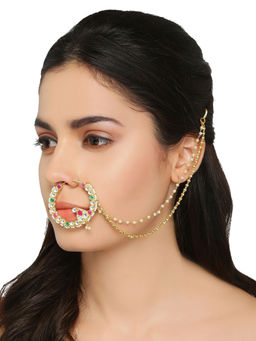 Accessher - Handcrafted Copper-Toned Bridal Jadau Kundan Nose Ring With Chain