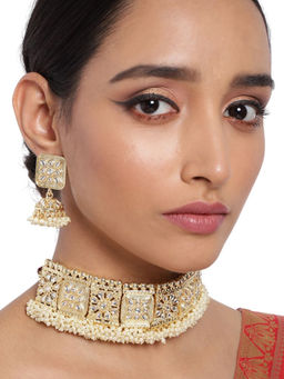 Accessher - Gold Plated Necklace With Earring Wedding Collection Kundan Pearls Necklace Set For Women