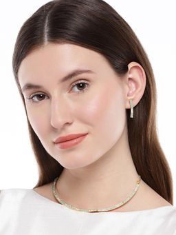 Accessher - Gold Toned Green Stoned Studded Necklace With Earring (Set of 2)