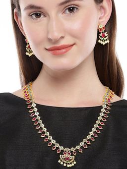 Accessher - Gold Plated American Diamond & Ruby Studded Necklace With Earring (Set of 2)