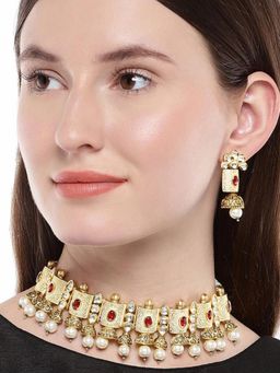 Accessher - Gold Plated Kundan And Enamel Embellished Necklace With Earring (Set of 2)