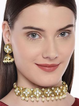 Accessher - Antique Gold Plated Vilandi Kundan Choker Necklace With Earring (Set of 2)