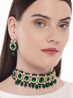 Accessher - Gold Plated Green Kundan And Emerald Stone Studded Choker Necklace With Earring (Set of 2)