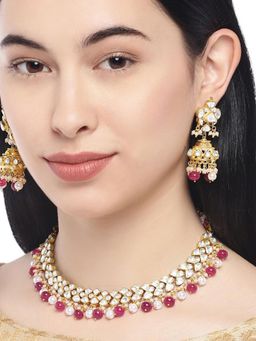 Accessher - Gold Plated Kundan And Ruby Studded Handcrafted Jadua Necklace With Earring (Set of 2)