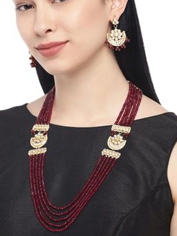 Accessher - Gold Plated Pachi Kundan And Ruby Studded Jadua Necklace With Earring (Set of 2)