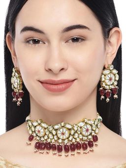Accessher - Gold Plated & Red Kundan And Ruby Stone Studded Choker Necklace With Earring (Set of 2)