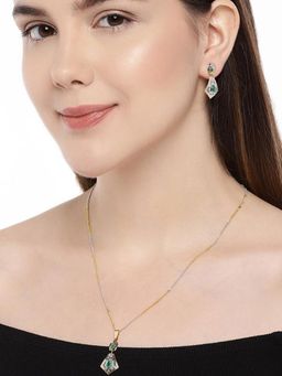 Accessher - Gold Plated & Green Pendant With Earring (Set of 2)