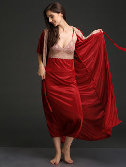 Clovia - Satin Nighty With Robe - Red (Free Size)