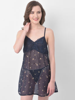 Clovia - Pretty Florals Babydoll In Navy - Georgette & Lace