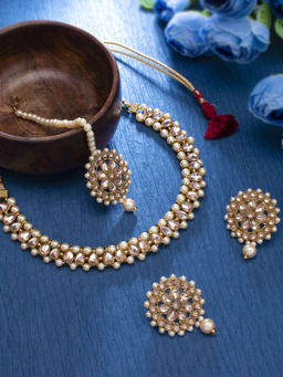 Sukkhi - Glittering Gold Plated Pearl Choker Necklace Set for Women