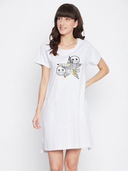 Clovia - Cotton Chest Print Short Nightdress With Pocket - Grey