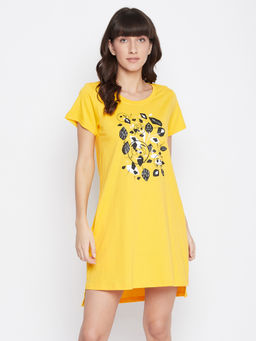 Clovia - Cotton Chest Print Short Nightdress With Pocket - Yellow