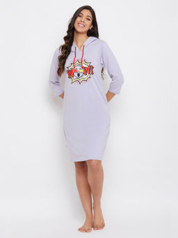 Clovia - Cotton Printed Short Hoodie Night Dress With Pocket - Grey