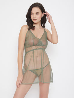 Clovia - Sheer Babydoll with Thong in Mint Green - Mesh