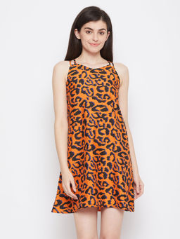 Clovia - Animal Print Short Night Dress - Crepe - Brown