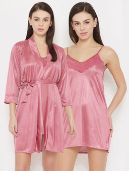 Clovia - Short Bridal Night Dress With Robe - Satin & Lace - Pink