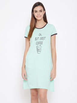 Clovia - Cotton Text Printed Short Nightdress With Pocket in Blue