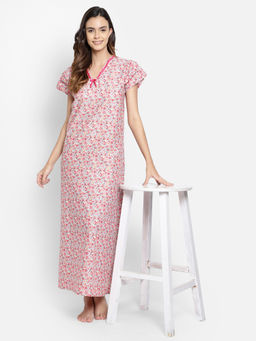 Clovia - Print Me Pretty Long Nighty in Grey - 100% Cotton