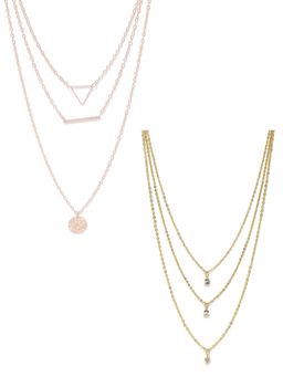 OOMPH - Gold Tone & White Metal Multi Layer Multi-Strand Crystal Delicate Fashion Necklace Pack of 2