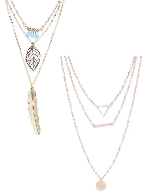 OOMPH Gold Tone Multi Layered Multi-Strand Fashion Necklace For Women & Girls Pack of 2