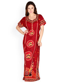 Secret Wish - Women's Red Printed Maxi Nightdress (Free Size)