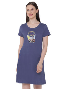 SOIE - Women Super-Soft Cotton Modal Knee Length Nightdress - Blue