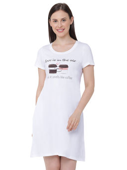SOIE - Women Super-Soft Cotton Modal Knee Length Nightdress - White