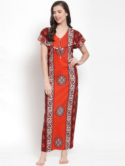Secret Wish - Women's Maroon-Orange Printed Nightdress (Free Size)