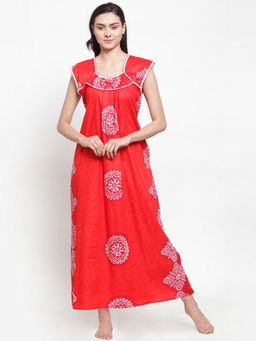 Secret Wish - Women's Red Cotton Printed Nighty (Free Size)
