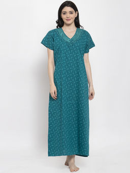 Secret Wish - Women's Turquoise Blue Printed Cotton Nighty (Free Size)