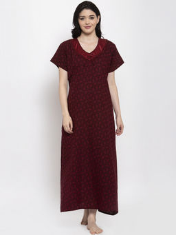 Secret Wish - Women's Burgundy Printed Cotton Nighty (Free Size)