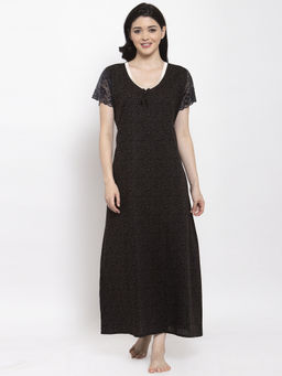 Secret Wish - Women's Black Printed Cotton Nighty (Free Size)