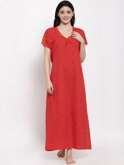 Secret Wish - Women's Red Printed Cotton Nighty (Free Size)