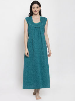 Secret Wish - Women's Turquoise Blue Printed Cotton Nighty (Free Size)