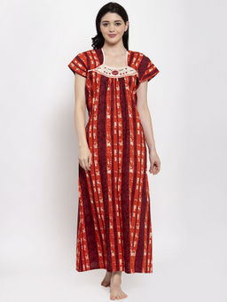 Secret Wish - Women's Orange Printed Cotton Nighty (Free Size)