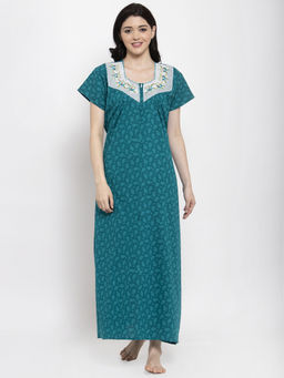 Secret Wish - Women's Turquoise Blue Printed Cotton Nighty (Free Size)