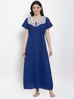 Secret Wish - Women's Blue Printed Cotton Nighty (Free Size)